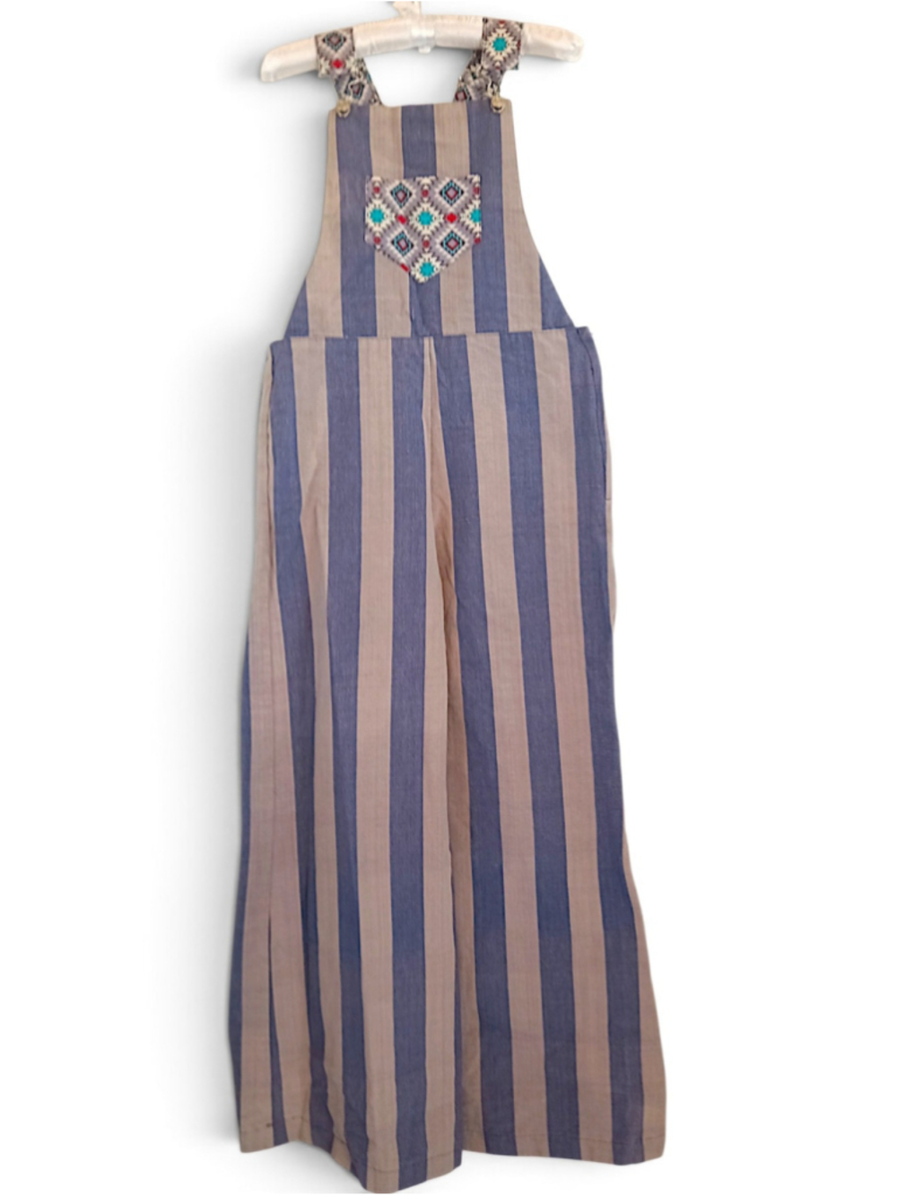 Artsy Western Overalls Slate Blue Beige Stripes Super Wide Leg Boho Trousers MED